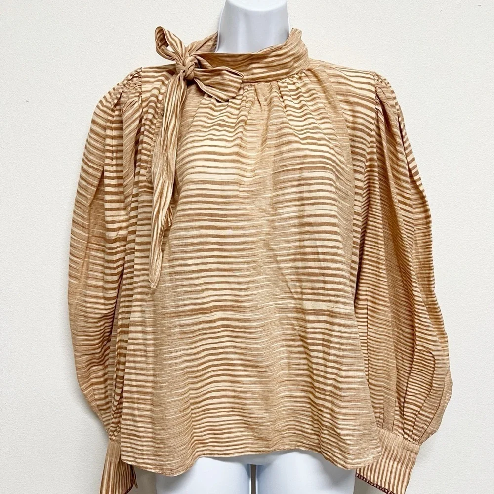 Ulla Johnson Womens Gauzy Ikat Fawn Striped Draped Neck Tie Puff Sleeve Blouse